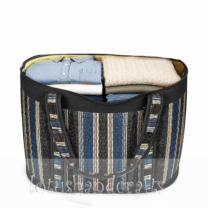 Handwoven striped seagrass storage basket with lid and zipper, stylish large woven basket.