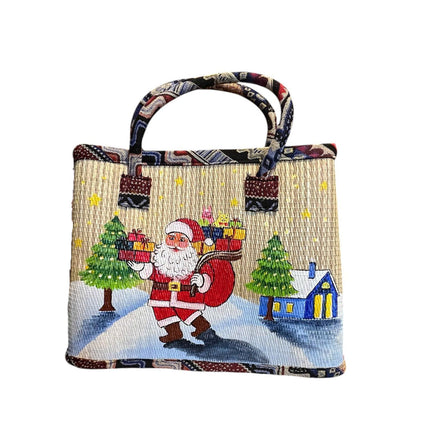 Christmas gift handwoven seagrass tote bag with cute Santa painting.