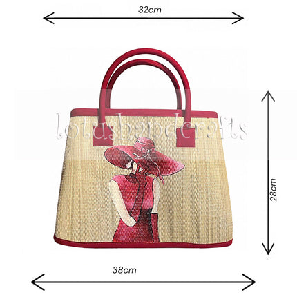 Handcrafted seagrass tote bag with hand-painted elegant lady.