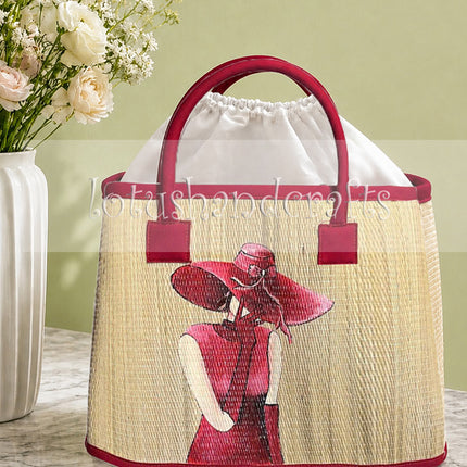 Handcrafted Seagrass Tote Bag with an Elegant Lady Illustration.