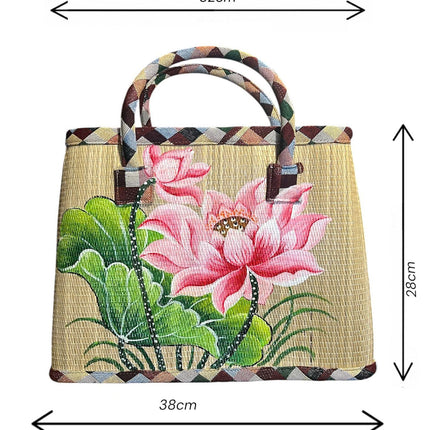 Handmade woven seagrass tote bag with elegant lotus hand painting dimensions.
