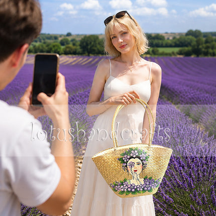 Handwoven seagrass tote bag with stylish hand painted floral lady artwork.