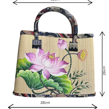 Handmade woven seagrass tote bag with hand-painted lotus blossom dimensions.