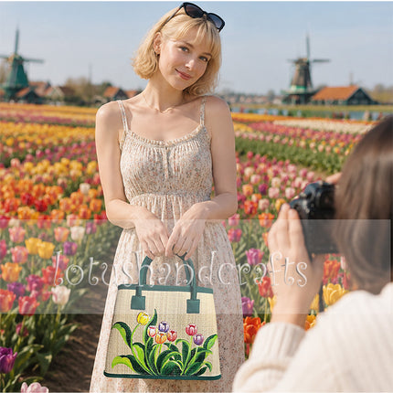 Handwoven seagrass tote bag with a cute hand painted tulip design.