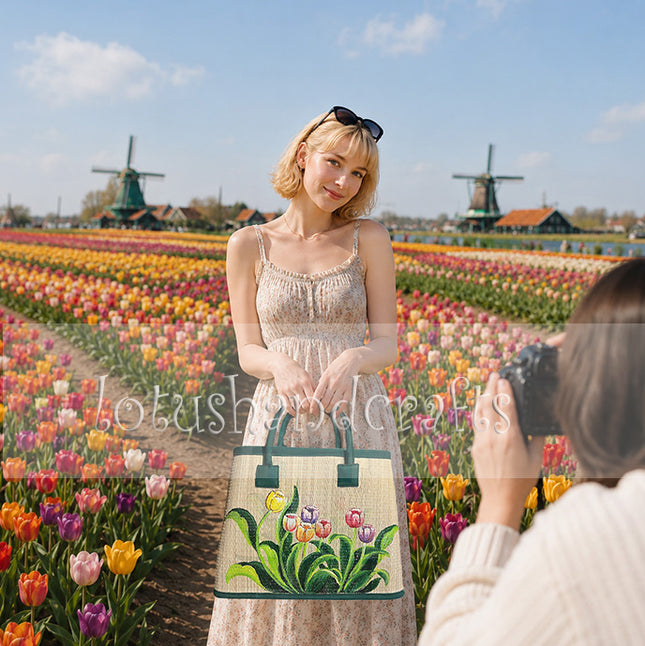 Handwoven seagrass tote bag with a cute hand painted tulip design.