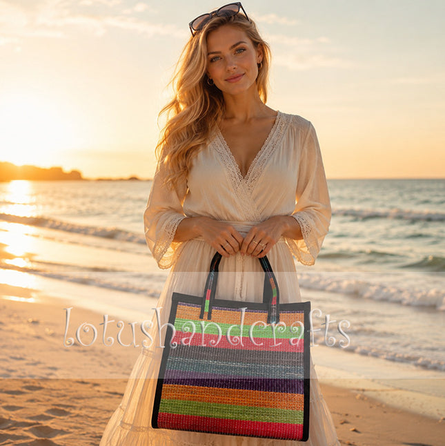 cute Colorful handwoven seagrass tote bag.