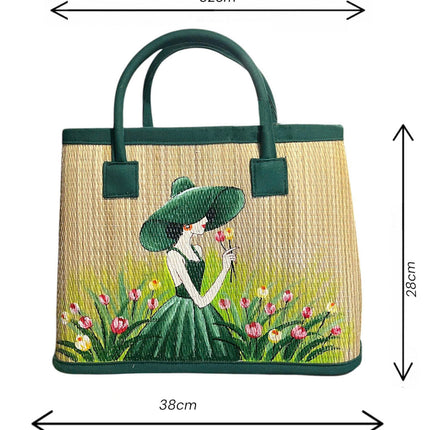 Handmade woven seagrass tote bag with elegant green lady artwork 32 x 38 x 28 cm.
