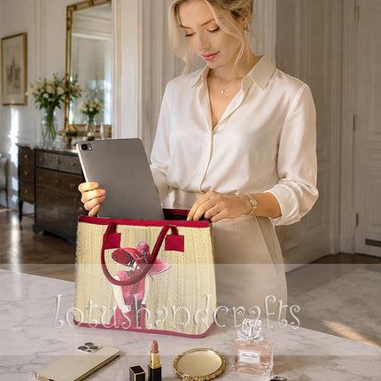 Handcrafted seagrass tote bag with hand painted elegant lady artwork.