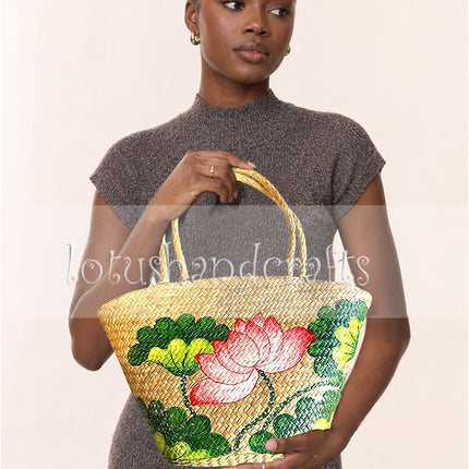 Cute Handwoven Beach Tote Bag with Hand-Painted Lotus Blossom Artwork.