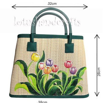 Handwoven seagrass tote bag with hand painted tulip floral artwork 38 × 28 cm.