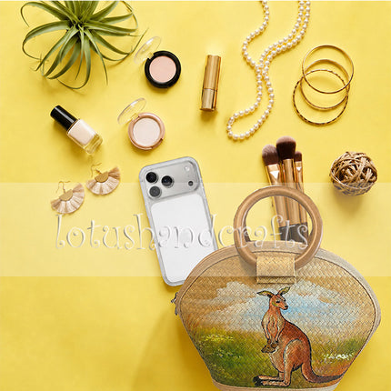 Half moon seagrass tote bag with hand painted kangaroo design.