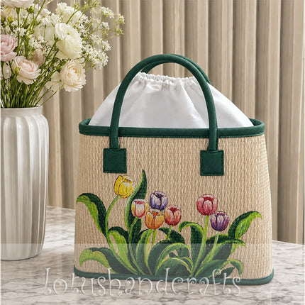 Handwoven seagrass tote bag with colorful hand painted tulips