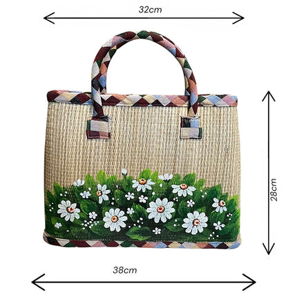 Handmade Woven Seagrass Tote Bag with Hand-Painted Wild Daisy Meadow Floral Design – Eco-Friendly by Lotushandcrafts.