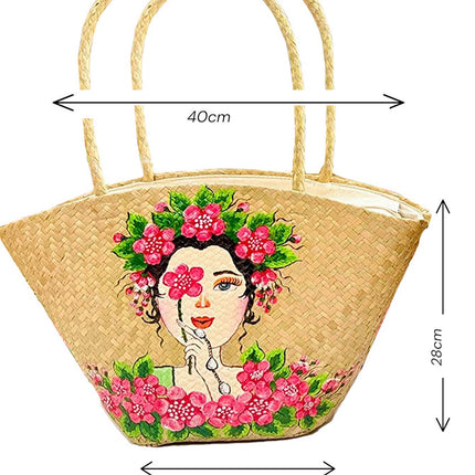 Hand painted straw tote bag with romantic blossom artwork.