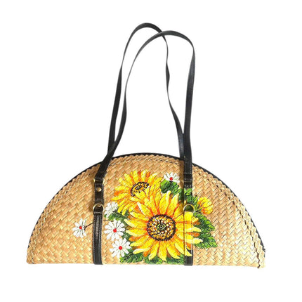 This cute woven grass half moon bag with sunflowers is a perfect everyday fashion accessory.
