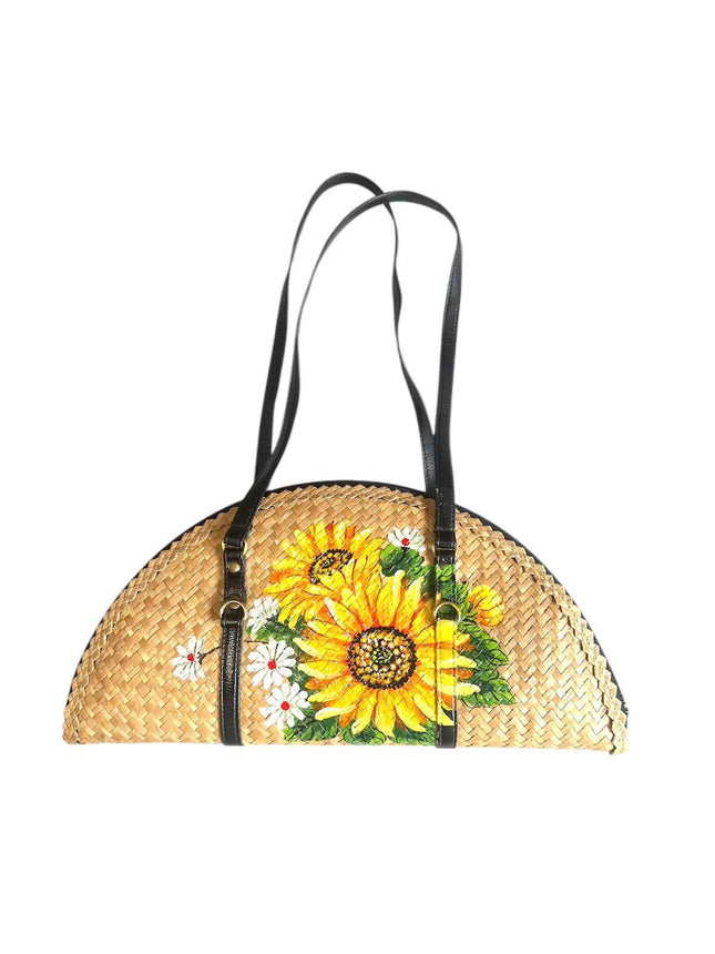 This cute woven grass half moon bag with sunflowers is a perfect everyday fashion accessory.