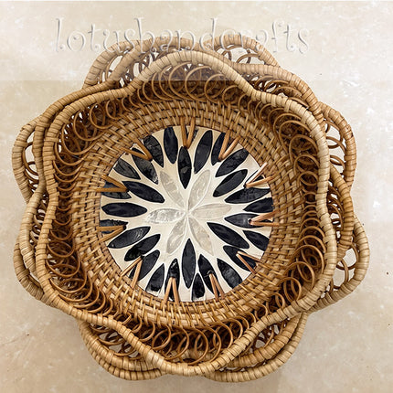 Handwoven Rattan Tray Set of 3 with Black and White Mother of Pearl Mosaic Inlay.