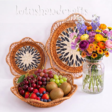 Rattan Tray Set of 3 with Black and White Mother of Pearl Mosaic Inlay by Lotushandcrafts.