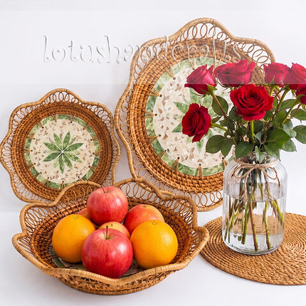 Handmade Rattan Bowl Set 3, Mother of Pearl Decorative.