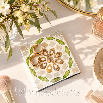 6-piece green leaf ring floral mother of pearl coaster set with holder.