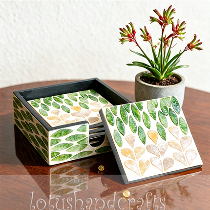 6 pack leaf shell coasters-handcrafted, polished surface, matching holder.