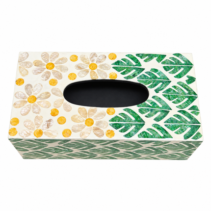 Handcrafted by skilled artisans, this tissue box features a stunning natural shell mosaic combining lush green monstera leaves and delicate golden-yellow floral patterns