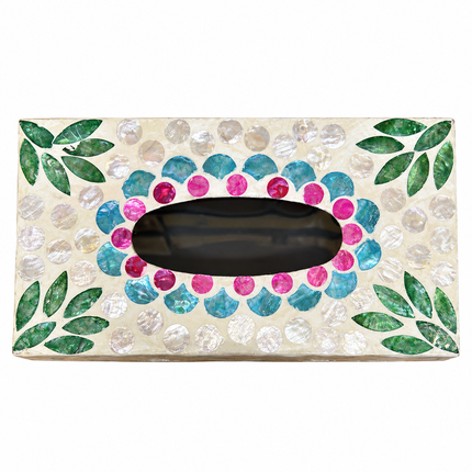 A rectangular tissue box cover featuring a mother-of-pearl inlay with a green and pink floral pattern.