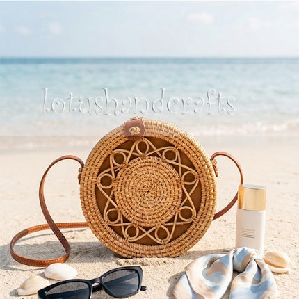 Boho round rattan shoulder purse for women with a youthful and eye catching handwoven style.