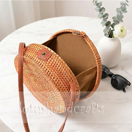 Boho round rattan shoulder purse for women perfect for beach outfits and casual summer style.