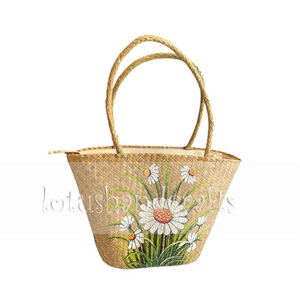 Handmade shoulder bag with hand-painted daisy floral design.