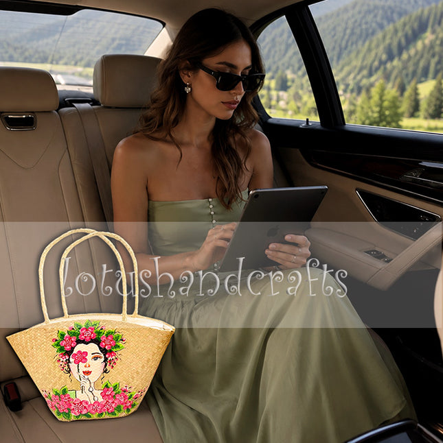 Hand painted handmade straw tote bag with a romantic floral lady design.