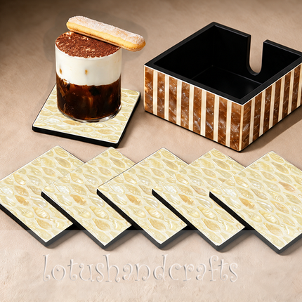 Beautiful square shell coasters with an overlapping leaf pattern, perfect for protecting tables while enjoying coffee, tea, or other drinks.