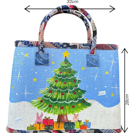 Handmade woven seagrass tote bag with painted Christmas tree design size.