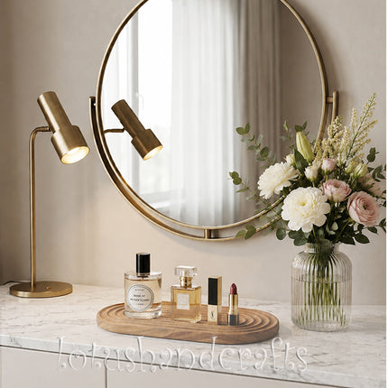 Small Ripple Oval Redwood Serving Tray in elegant flatlay style with warm natural wooden texture.