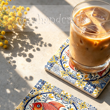 Golden tilefish ceramic coaster with elaborate floral borders and geometric tile patterns, adding artistic charm to coastal and eclectic home décor.