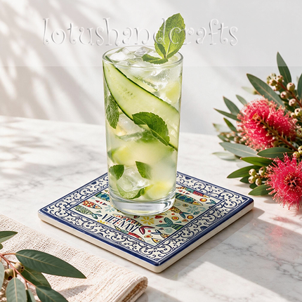 artistic square coaster featuring red yellow green and blue sardine fish illustrations.