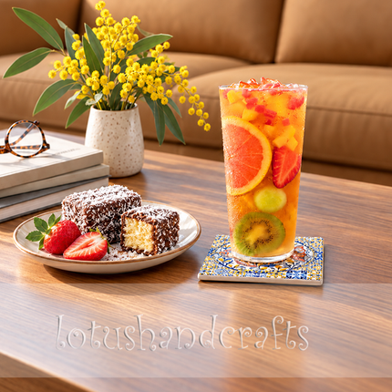 A colourful square ceramic coaster featuring a beautifully illustrated golden tilefish, intricate blue-and-gold ornaments, and a decorative border, making a thoughtful gift for fish and art lovers.
