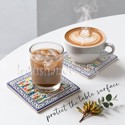 square ceramic coaster with vibrant sardine fish motifs for coffee mugs tea cups and glasses.