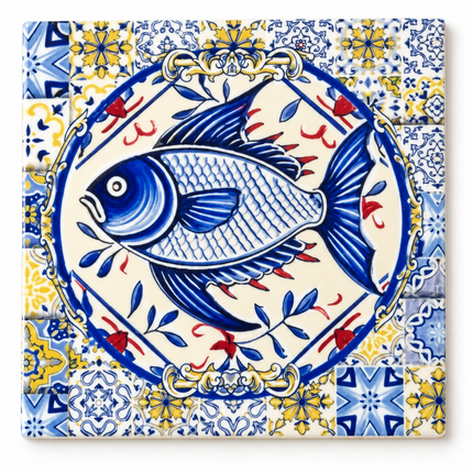 A charming blue-and-white sardine illustration framed by intricate decorative tiles, bringing artistic beauty to your everyday coffee moments.