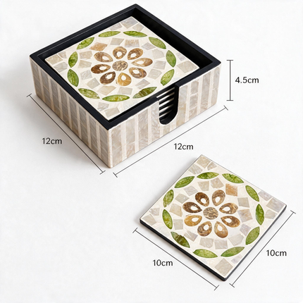 10cm square green leaf floral mother of pearl coaster isolated on white.