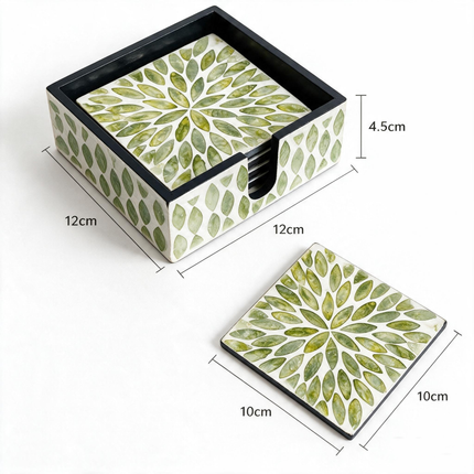 iridescent mother of pearl coasters soft green leaf design with storage box.