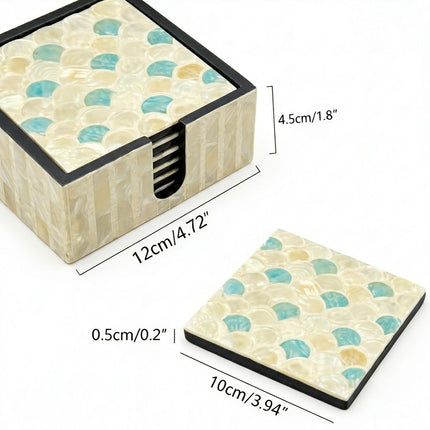A beautifully presented set of six mother of pearl coasters with a matching holder, featuring an eye-catching aqua fish scale pattern that makes a thoughtful gift for housewarmings, weddings, birthdays, and anniversaries.