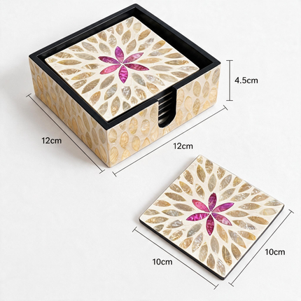 A flat-lay graphic showing the precise 10cm x 10cm dimensions of a single coaster.