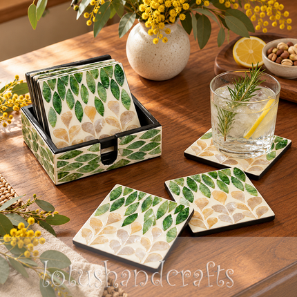 botanical pearl coaster set -6 square pieces, display holder, luxe handcraft.
