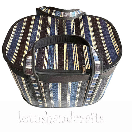 Handwoven Striped Seagrass Storage Basket Large Woven Basket with Lid Zipper Laundry Basket Blanket Storage Toy Organizer Home Decor