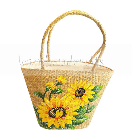 Cute seagrass tote bag with hand-painted sunflower artwork.