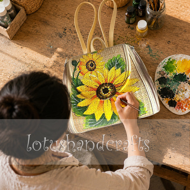 Handwoven Seagrass Backpack with Hand-Painted Sunflower for Everyday Style.