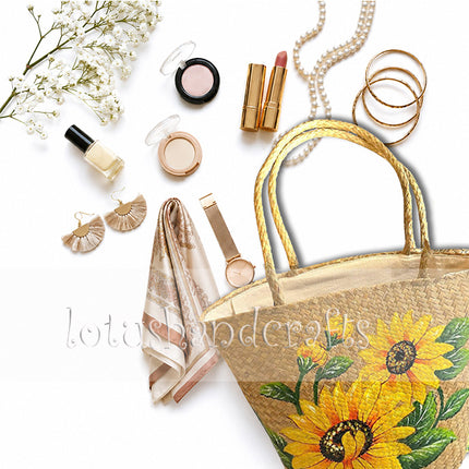 Elegant handwoven seagrass tote bag with hand-painted sunflower artwork.