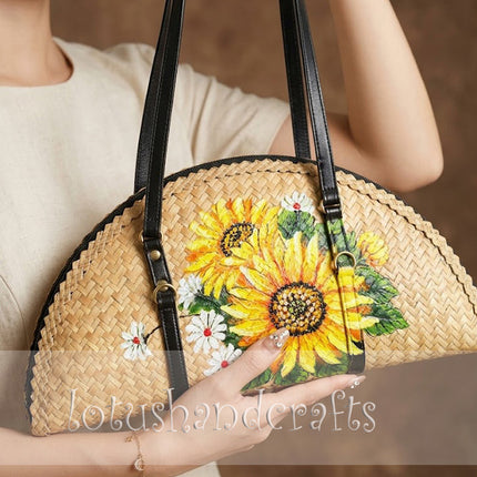 Woven grass half moon with sunflowers beautifully creates a perfect highlight for your daily outfit.