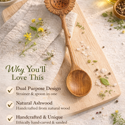 Sunflower wooden slotted duo spoon made from natural wood for everyday kitchen use.